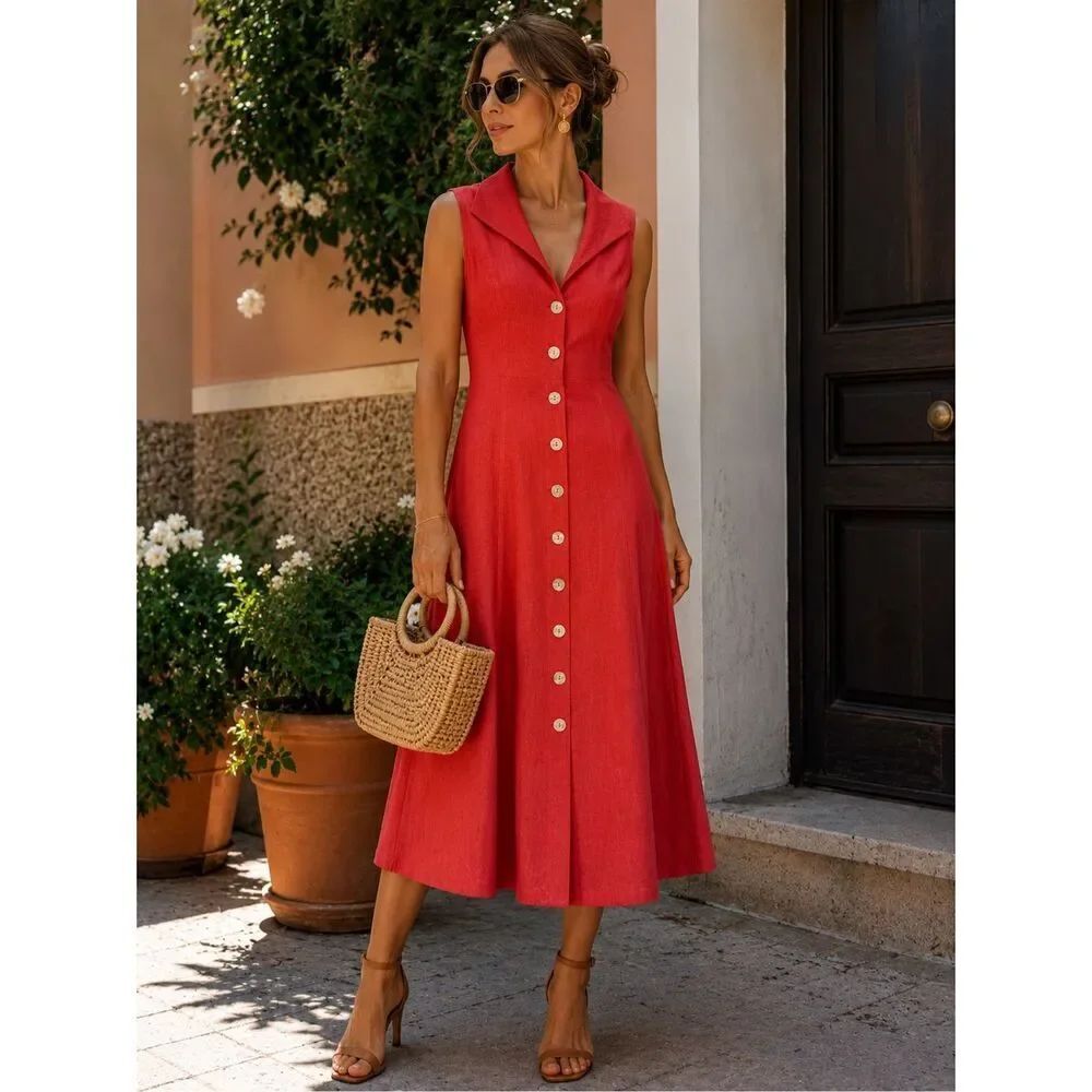 Sheri Martin Coral Linen Rayon Button Front Midi Dress Sleeveless Women’s Sz 12